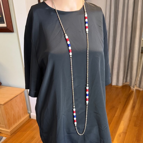 Jewelry - Silver chain Beaded Necklace with Red, Blue, and White Accents. Approx 27” long